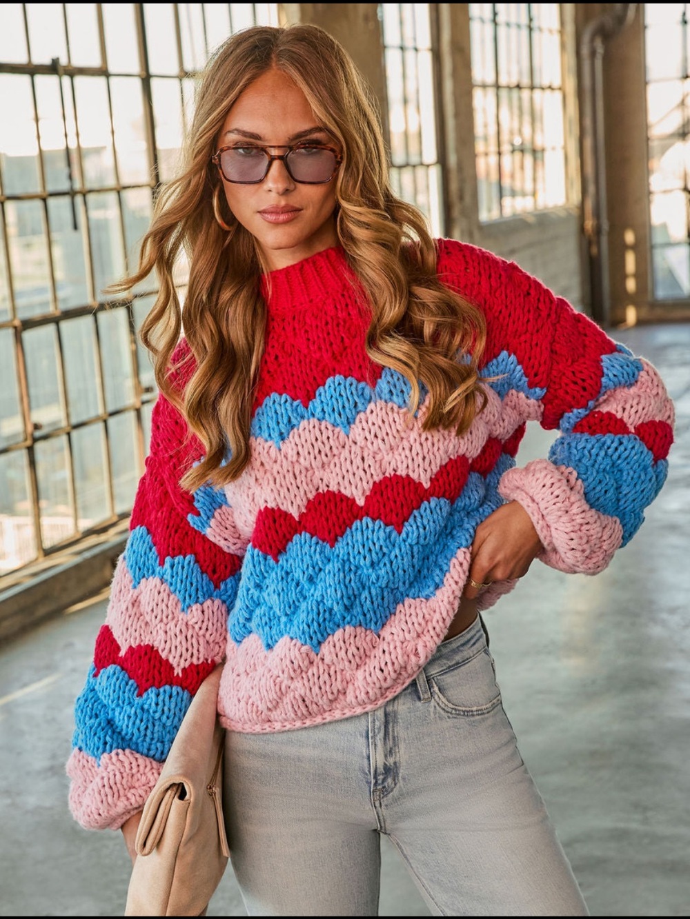 Vici Freyie Abstract Mock Neck Chunky Knit Sweater
